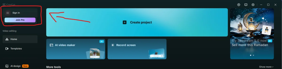Screenshot langkah 2: 2. Login CapCut di Desktop (PC/Laptop) – Membuka Aplikasi